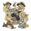 four people in pirate blondes spinning  tattoo design idea