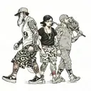 four people in shorts walking  tattoo design idea