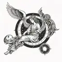 A celestial angel surrounded by astrological symbols, done in blackwork style tattoo design idea