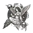 A celestial angel surrounded by astrological symbols, done in blackwork style tattoo design idea