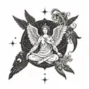 A celestial angel surrounded by astrological symbols, done in blackwork style tattoo design idea
