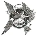 A celestial angel surrounded by astrological symbols, done in blackwork style tattoo design idea