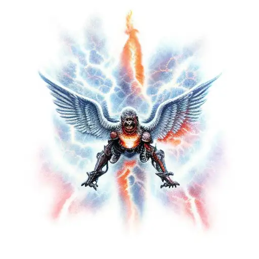 Armageddon, angels and demons fighting. sky on fire tattoo design idea