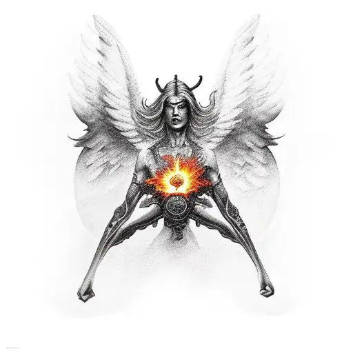 apocalypse, angels and demons fighting. sky on fire  tattoo design idea