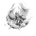 Armageddon, angels and demons fighting, epic battle, sky on fire  tattoo design idea