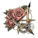 rose with arrow through it in middle, infinity sign at the bottom with R in one side and L the other,two wave lines belo tattoo design idea