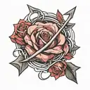 rose with arrow through it in middle, infinity sign at the bottom with R in one side and L the other,two wave lines belo tattoo design idea