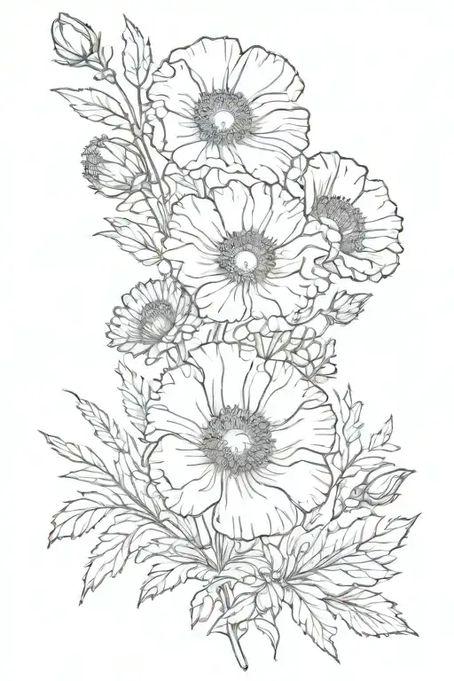 poppy and aster flower bouquet tattoo design idea
