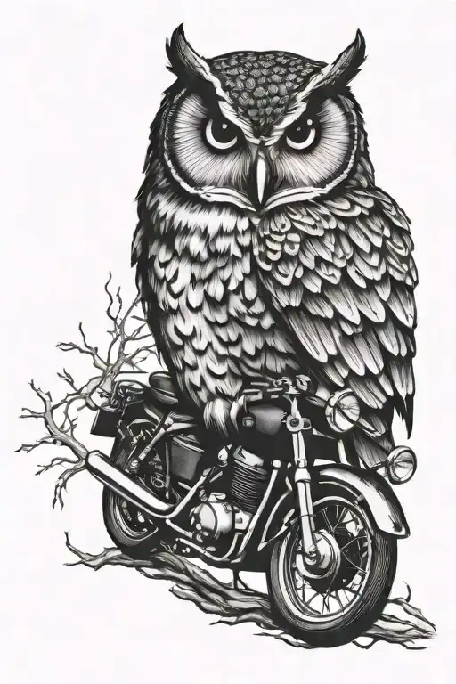 Owl on a branch over a motorcycle riding tattoo design idea