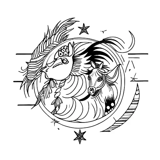 A black and white tattoo design depicting a rooster and a donkey cuddling beneath a serene moonlit sky tattoo design idea