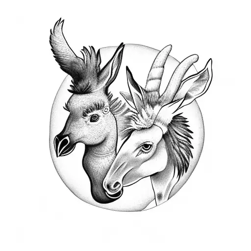 A black and white tattoo design depicting a rooster and a donkey cuddling beneath a moonlight tattoo design idea
