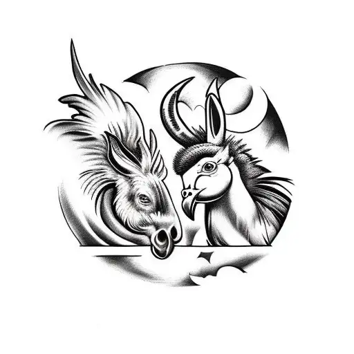 A black and white tattoo design depicting a rooster and a donkey cuddling beneath a moonlight tattoo design idea