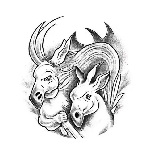 A black and white tattoo design depicting a rooster and a donkey cuddling beneath a moonlight tattoo design idea