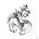A black and white tattoo design depicting a rooster and a donkey cuddling beneath a moonlight tattoo design idea
