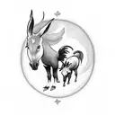 A black and white tattoo design depicting a rooster and a donkey cuddling beneath a moonlight tattoo design idea