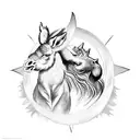 A black and white tattoo design depicting a rooster and a donkey cuddling beneath a moonlight tattoo design idea