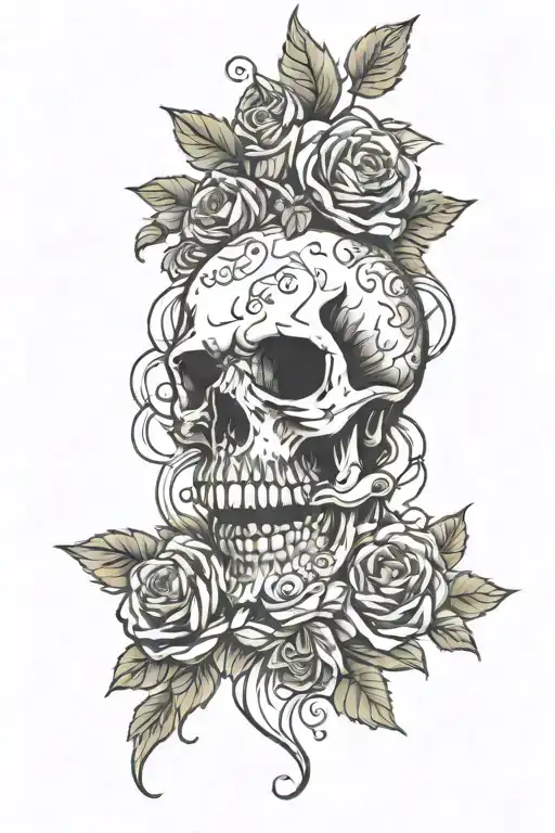 skull and flowers intertwined dark gothic tattoo design idea