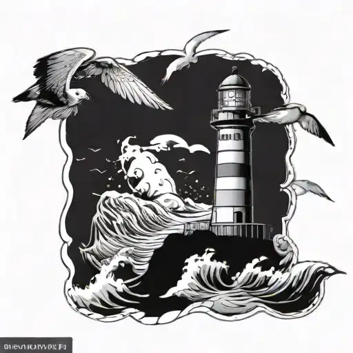 A majestic lighthouse surrounded by crashing waves and seagulls tattoo design idea