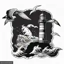 A majestic lighthouse surrounded by crashing waves and seagulls tattoo design idea