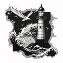 A majestic lighthouse surrounded by crashing waves and seagulls tattoo design idea