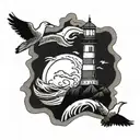 A majestic lighthouse surrounded by crashing waves and seagulls tattoo design idea