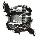 A majestic lighthouse surrounded by crashing waves and seagulls tattoo design idea