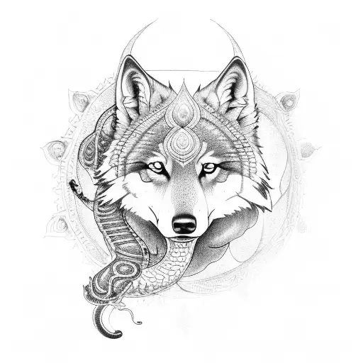 hindusim with flute and chakra and wolf and snake tattoo design idea