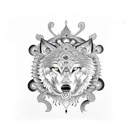 hindusim and flute and chakra and wolf and snake tattoo design idea