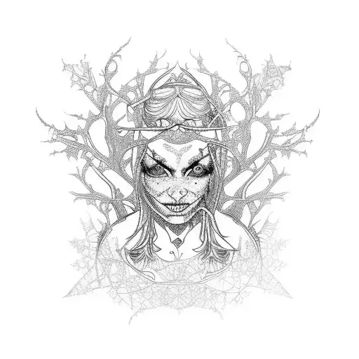 A disabled witch casting spells in a forest surrounded by fractal patterns, combining the client's interests in disability rights, witchery, and fractals tattoo design idea