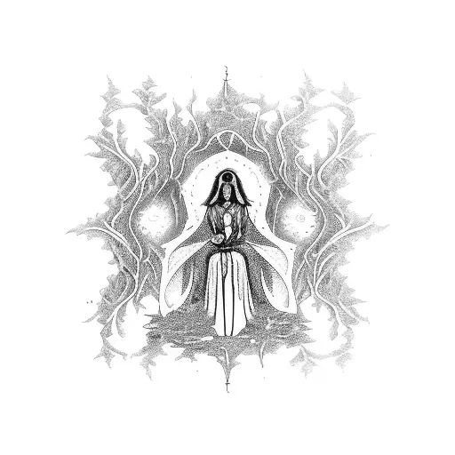 A disabled witch casting spells in a forest surrounded by fractal patterns, combining the client's interests in disability rights, witchery, and fractals tattoo design idea