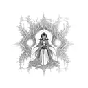 A disabled witch casting spells in a forest surrounded by fractal patterns, combining the client's interests in disability rights, witchery, and fractals tattoo design idea