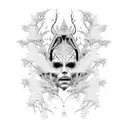 A disabled witch casting spells in a forest surrounded by fractal patterns, combining the client's interests in disability rights, witchery, and fractals tattoo design idea