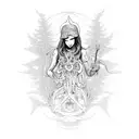 A disabled witch casting spells in a forest surrounded by fractal patterns, combining the client's interests in disability rights, witchery, and fractals tattoo design idea