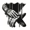 praying hands holding rosary and dog tags hanging tattoo design idea