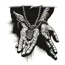 praying hands holding rosary and dog tags hanging tattoo design idea