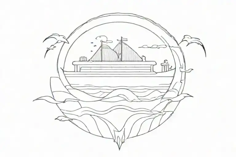 Envision a sleek, linear depiction of Noah's Ark centered on the forearm. Use clean, continuous lines to outline the ark tattoo design idea
