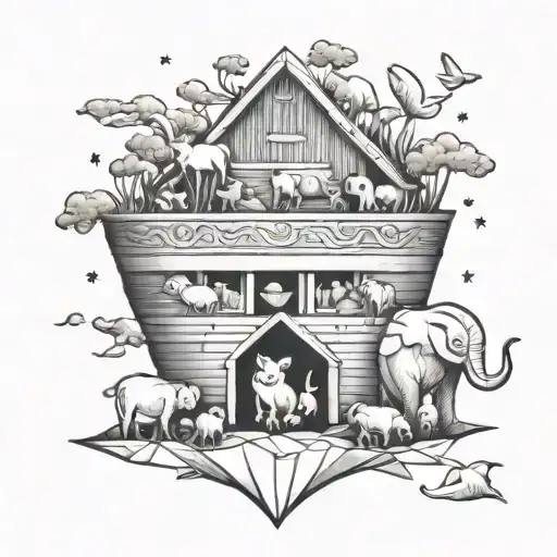 Noah's ark and animals. with a smiling baby tattoo design idea