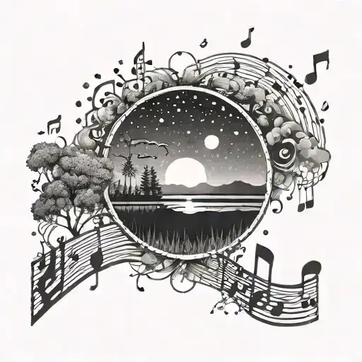 A dotwork design of a sun setting behind a forest of musical notes tattoo design idea