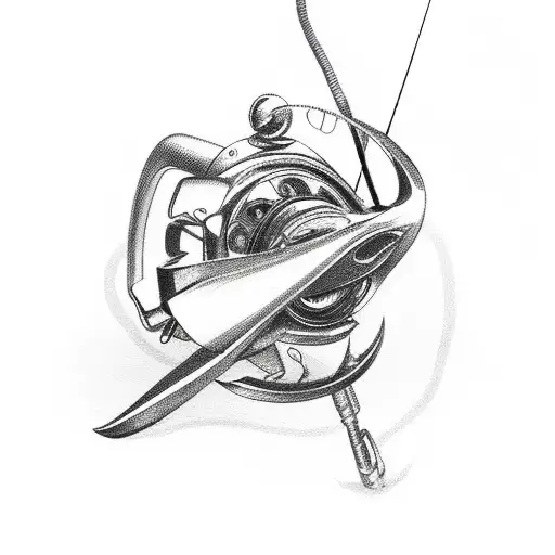 A movie reel intertwined with fishing hooks tattoo design idea