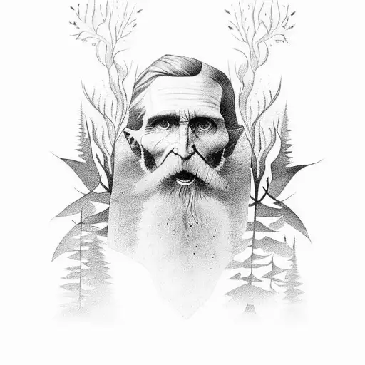 generate the image of a black tattoo that honors the john muir taril and includes dhee quote “And into the forest I go,  tattoo design idea