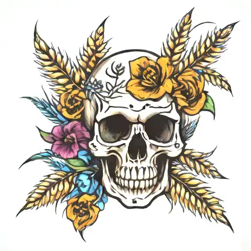 skull, flower, wheat stalk intertwined tattoo design idea