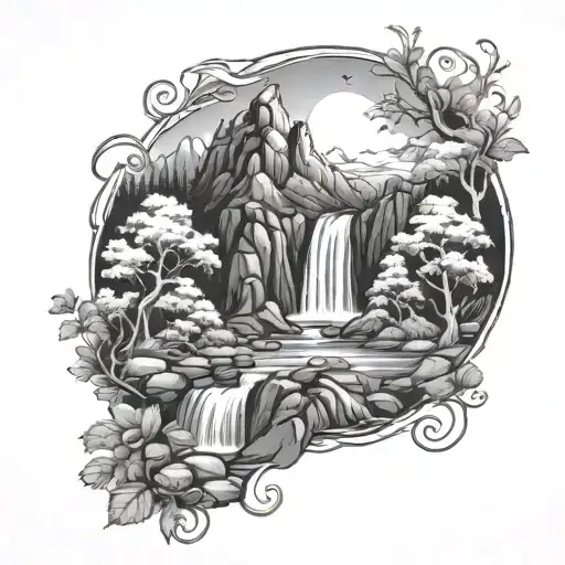 nature scene with mountains and waterfalls   tattoo design idea