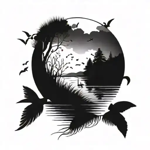 A dotwork tattoo of a tranquil lake scene with fish swimming in the water and birds flying overhead, representing a harmonious blend of aquatic and avian elements tattoo design idea