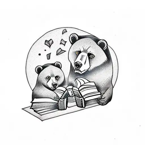 A traditional style tattoo of a mother bear and her cubs reading books together in a cozy library setting. tattoo design idea