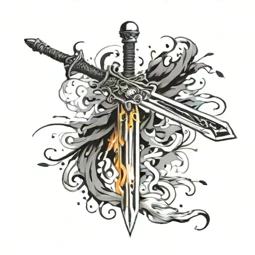 dark angelic sword wrapped in hot fire and light beams behind it with flowy cloth material and metal involved.  tattoo design idea