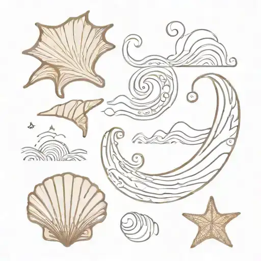 An intricate design of shells and ocean waves, representing the student's love for the beach and travel tattoo design idea