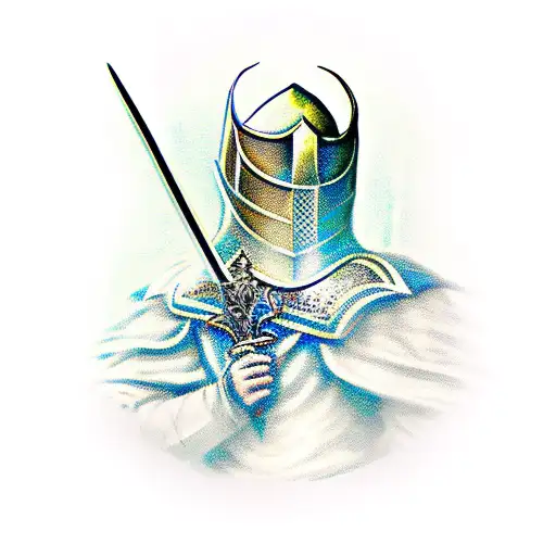 Dark Fantasy Medeival knight holding sword tattoo design idea