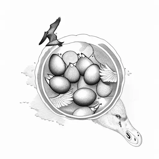 4 geese flying and one goose is holding an egg tattoo design idea