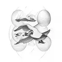 4 geese flying and one goose is holding an egg tattoo design idea