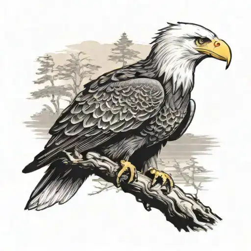 A majestic bald eagle perched on a tree branch overlooking a serene lake, symbolizing the love for country life tattoo design idea